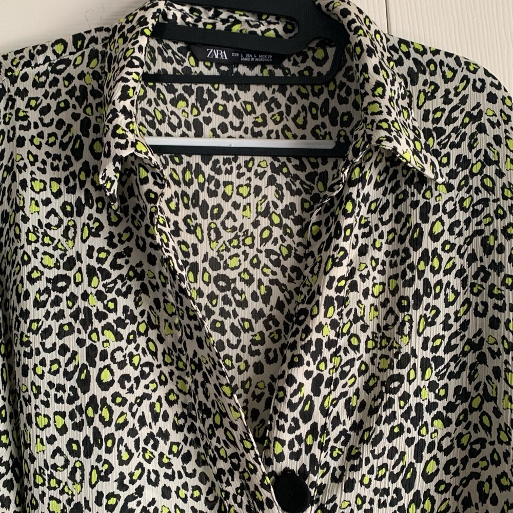 Zara Neon Accented Leopard Blouse w Button Detail
